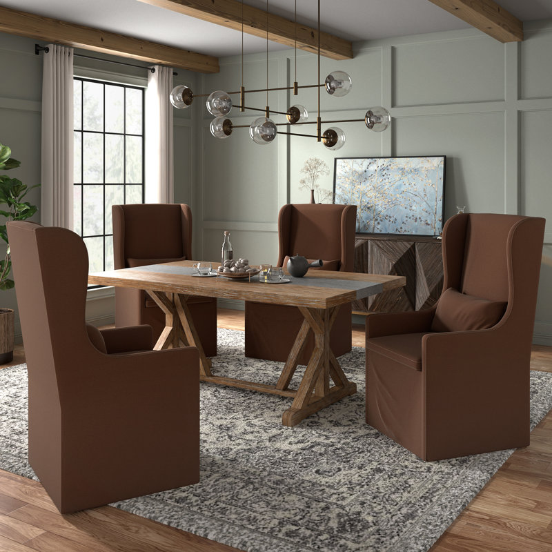 Baxter Concrete Veneer Top Dining Table And Slipcovered Wingback Parson Chairs Set - Stripe Concrete Veneer Top Table, Fabric Cover Chairs