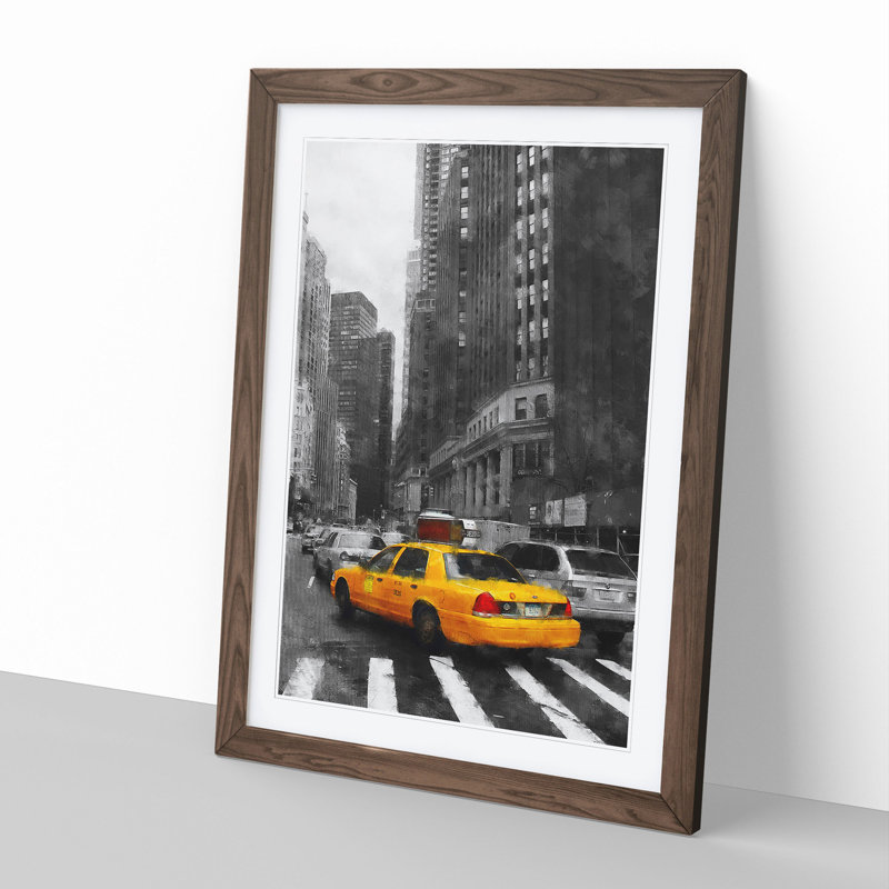 Yellow Taxi Cab Vol.2 - Picture Frame Graphic Art, 36cm H x 27cm W x 2cm D, Walnut Framed