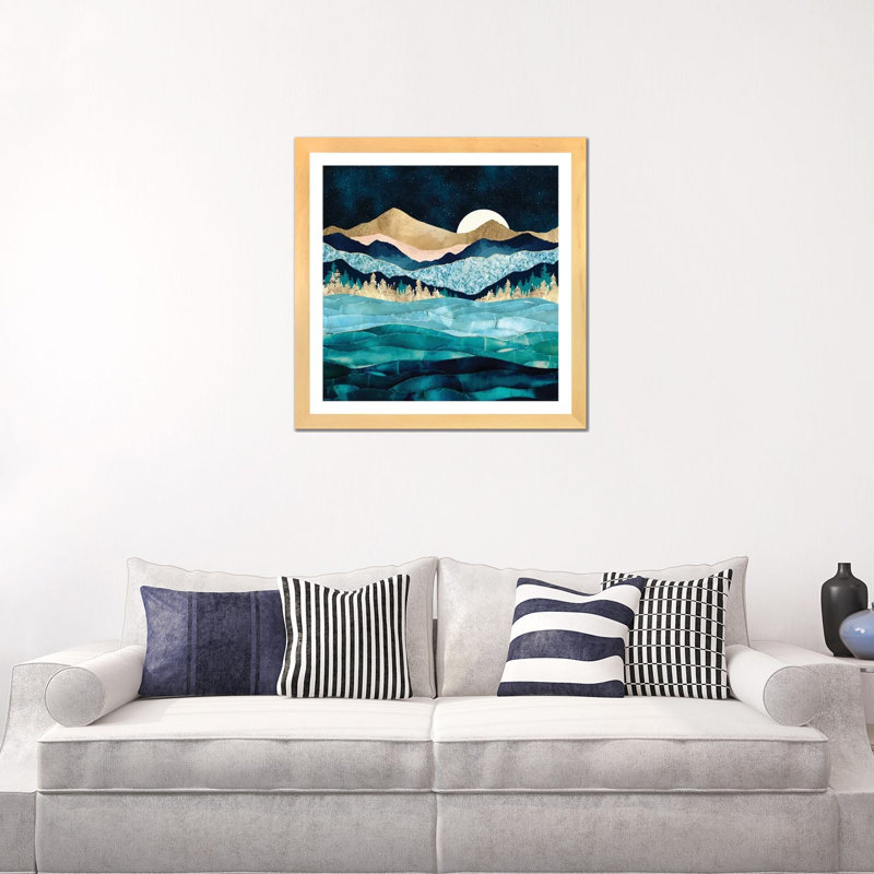 Midnight Ocean - impression d'art graphique, H 24 po x l 24 po x p 1 po, Blanc, Toile avec cadre en bois beige