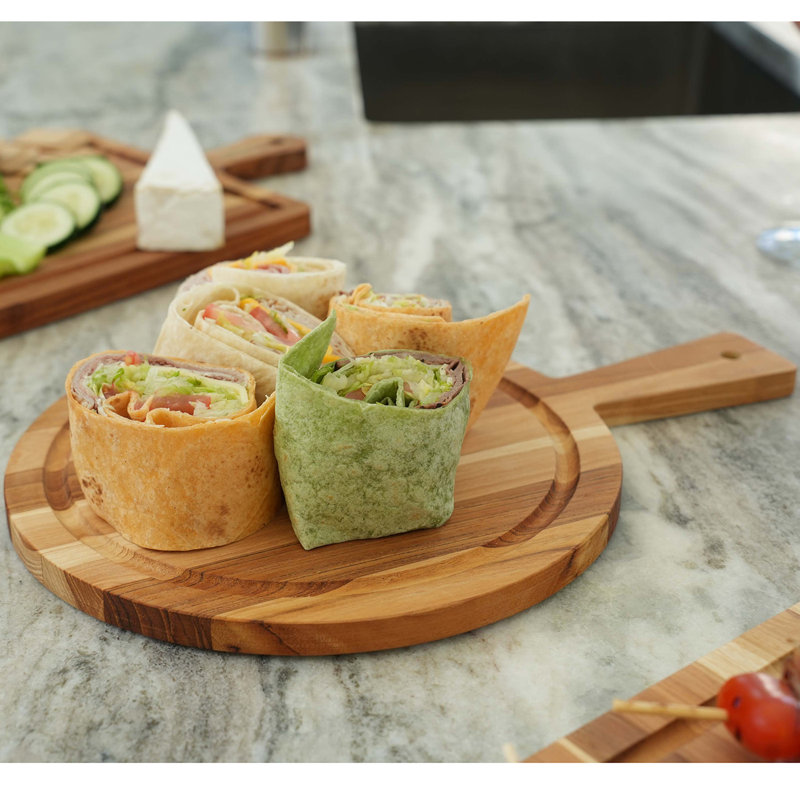 Planche à découper ronde en teck EcoDecors certifiée FSC avec poignée et rainure de jus, 14 x 10, 14 po x 10,20 po