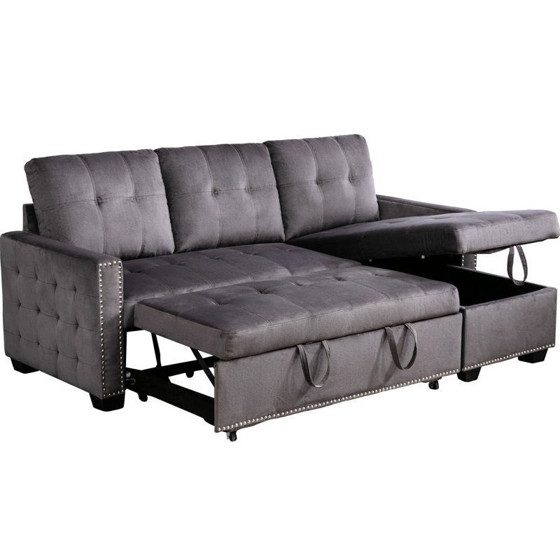 Canapé-lit réversible de 77 pouces avec velours gris foncé et méridienne spacieuse avec rangement