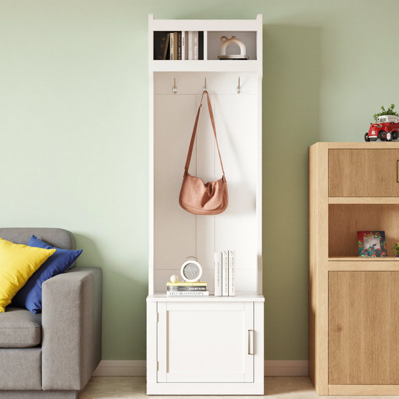 Arbre d'entrée minimaliste 24 po avec armoire | 6 crochets suspendus, banc de rangement, profondeur de 15,7 po, armoire de vestibule élégante, vestibule peu encombrant