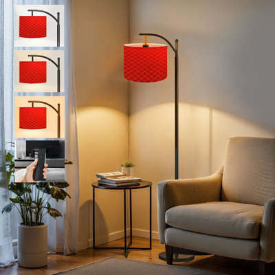  Arc Floor Lamp Red aluminium metal Tall Modern Standing Lamp LED Adjustable Linen Lampshade 3 Color Temperatures