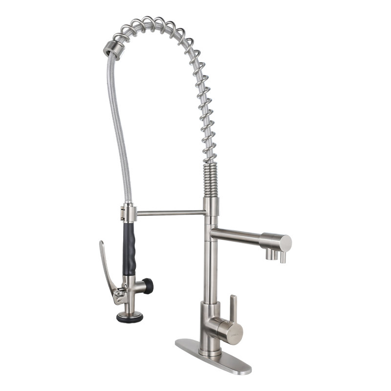 Deck Mounted 2-Handle Pull Down Sprayer Commercial Kitchen Faucet with Pre-Rinse Sprayer, Brushed Nickel