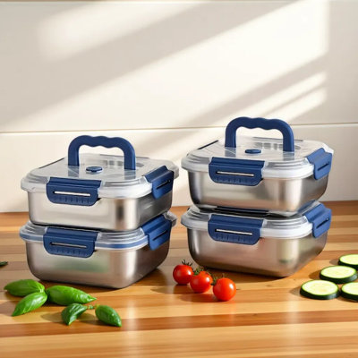 Extra-large Stainless Steel Food Storage Containers With Blue Lids - Deep Design, Airtight Seal, Perfect For Refrigerator Organization, Meal Prep, Lunch Boxes & Kitchen Pantry