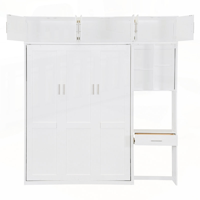 Lit escamotable polyvalent peu encombrant avec rangement et bureau intégrés, Double, Blanc