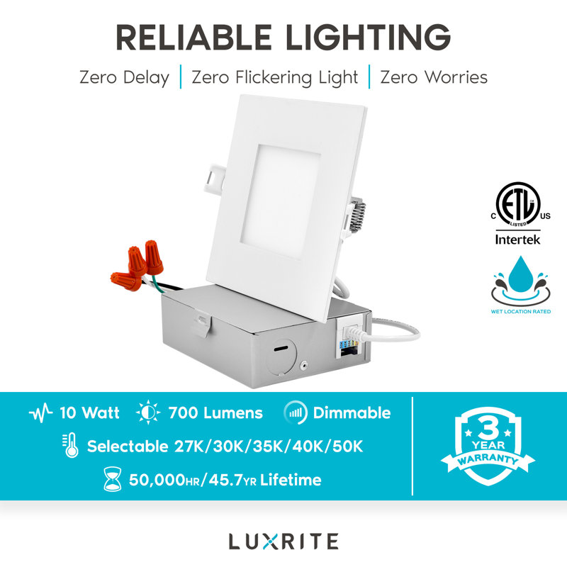 Éclairage encastré carré ultra mince à DEL de 4 po 5 options de température de couleur à intensité variable 10 W, homologué IC, homologué ETL, sans emballage, emballage de 16