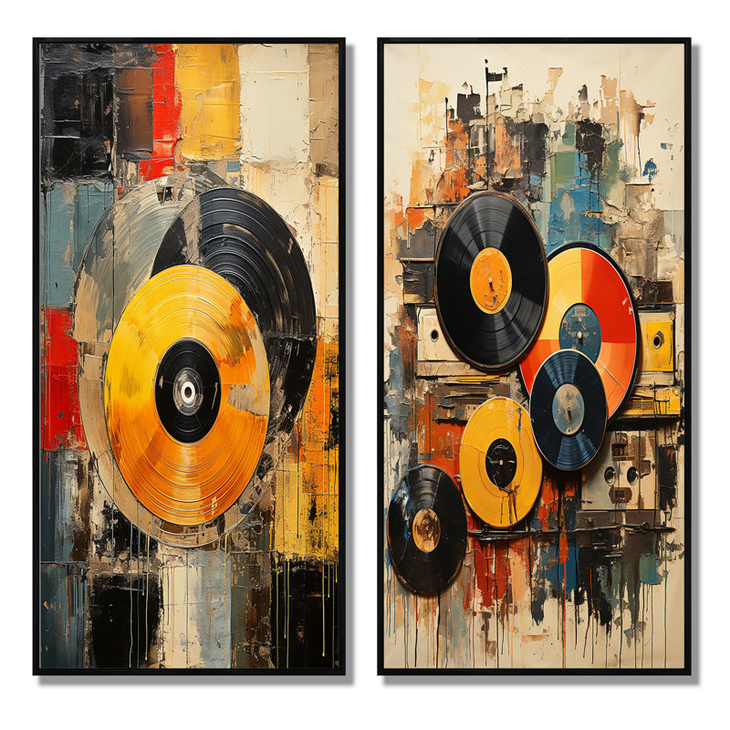 " Colorful Retro Vinyl " 2 - Pieces, Black Framed, 40" H x 40" W