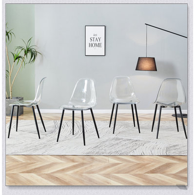 Modern Minimalist Transparent Dining Chairs, Armless Crystal Design, High-Density Padded, Black Metal Legs, Set of 4