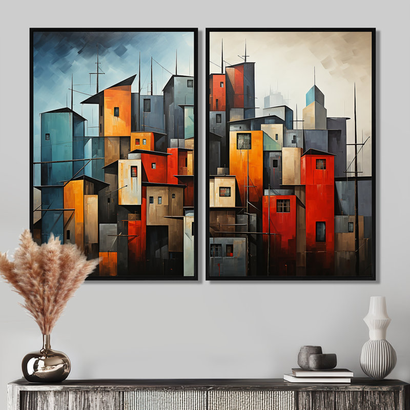 «Cubist Urbanism Horizon III», art mural moderne sur toile, 36" H x 48" W, Impression encadrée flottante, Black