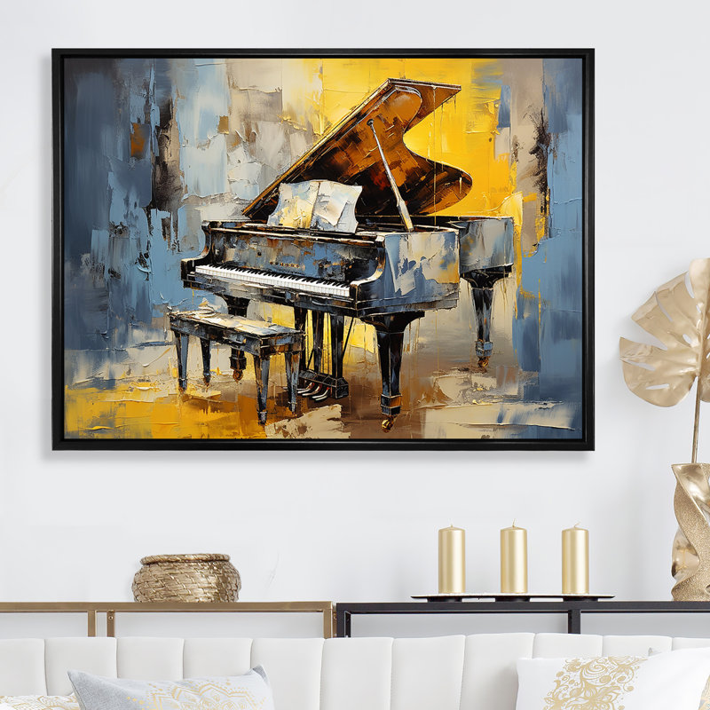 «Yellow and Blue Piano Jazzed Keys» - musique, art mural piano, Cadre flottant noir, H 30 po x l 40 po x P 1,5 po