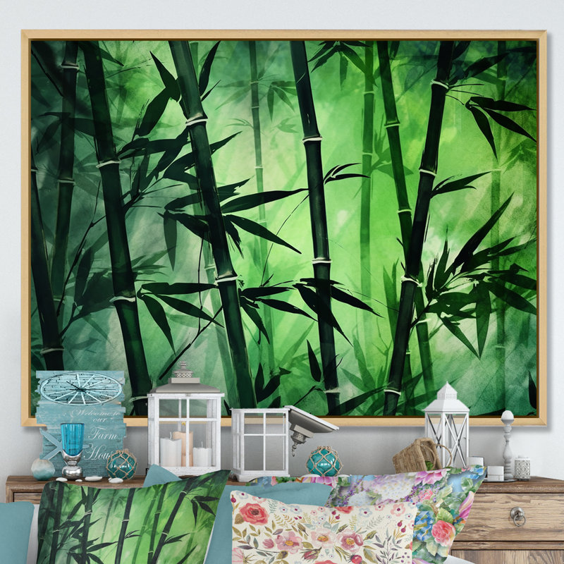 Bambou vert foncé et clair sur toile, Cadre naturel flottant, H 12 po x l 20 po x P 1 po