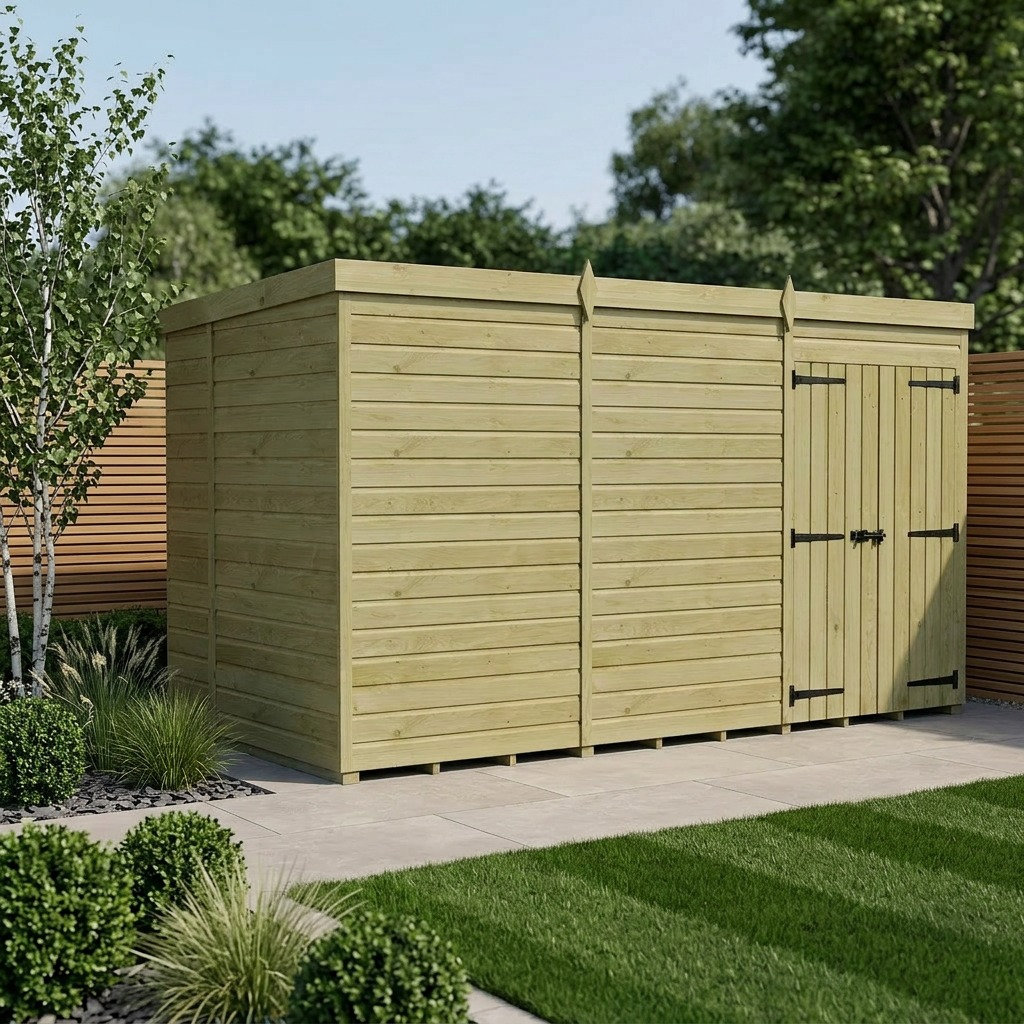 Total Sheds 12ft x 10ft Pent Garden Shed - Double Door - No Windows - Pressure Treated Timber - UK Manufactured