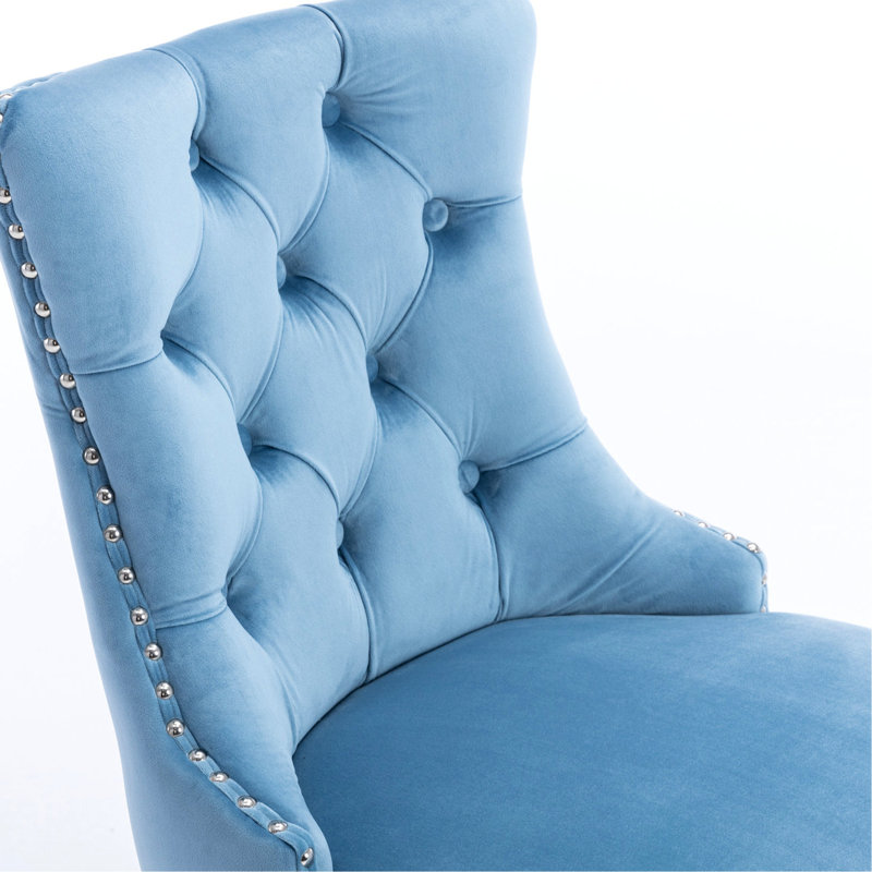 Velours bleu avec pieds en bois, coussin confortable, garniture décorative, 2 chaises de bar à boutons, aspect élégant, (