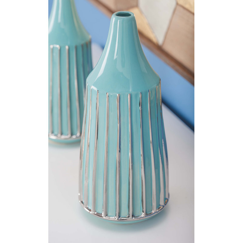 Vase de table à rebord, Cyan / argent, H 8 po x P 7 po