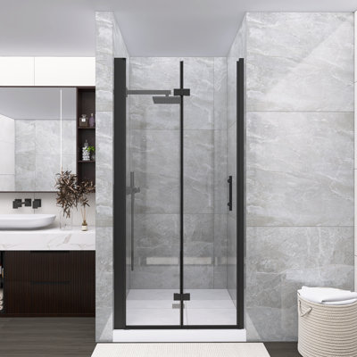 Porte de douche pliante 36 po x 72 po, verre trempé de 1/4 po avec film antidéflagrant, cadre en aluminium noir mat