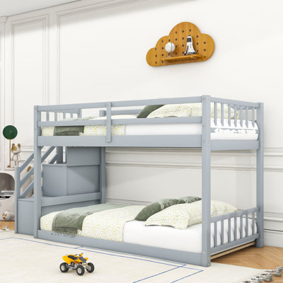 Twin Over Twin Wooden Bunk Bed With Built-In Storage Stairs And Slats