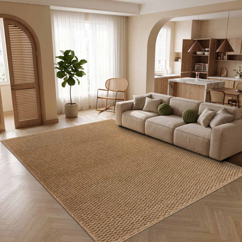 Tapis berbère bouclé à poils ras, neutre, antidérapant et lavable, couleur beige/brun, Rectangle 5 pi x 7 pi