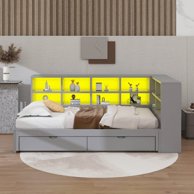 L-Shaped Daybed With Pop Up Trundle, And USB & LED, Extended Day Bed With Storage Drawers, Storage Cabinets