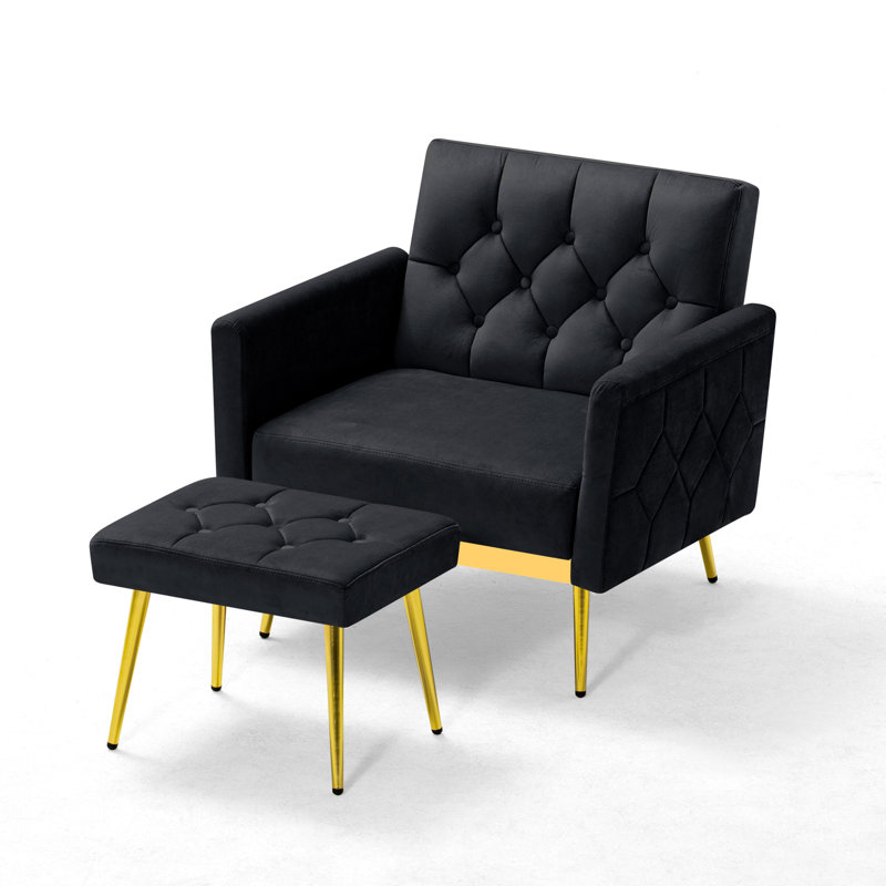 Zianny Velvet Accent Chair with Ottoman, Black Velvet