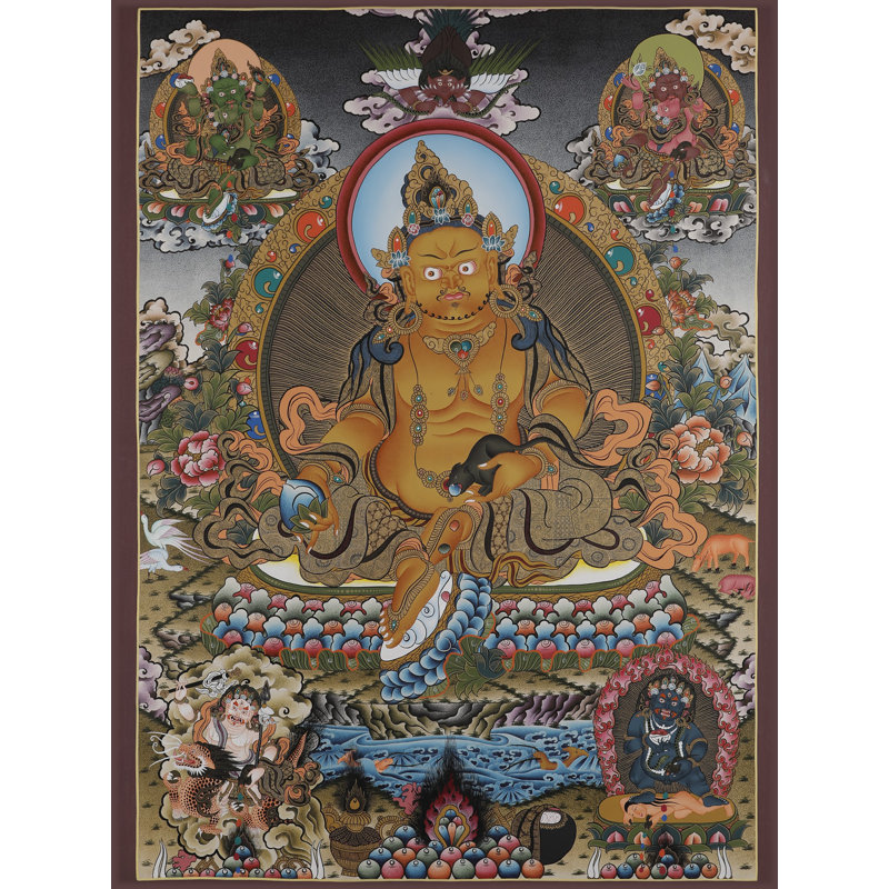 «Panch Kubera - dieu tibétain de la richesse en cinq aspects» peint à la main Thangka | Toile de coton H 35,4 po x l 25,6 po avec détails or 24 carats