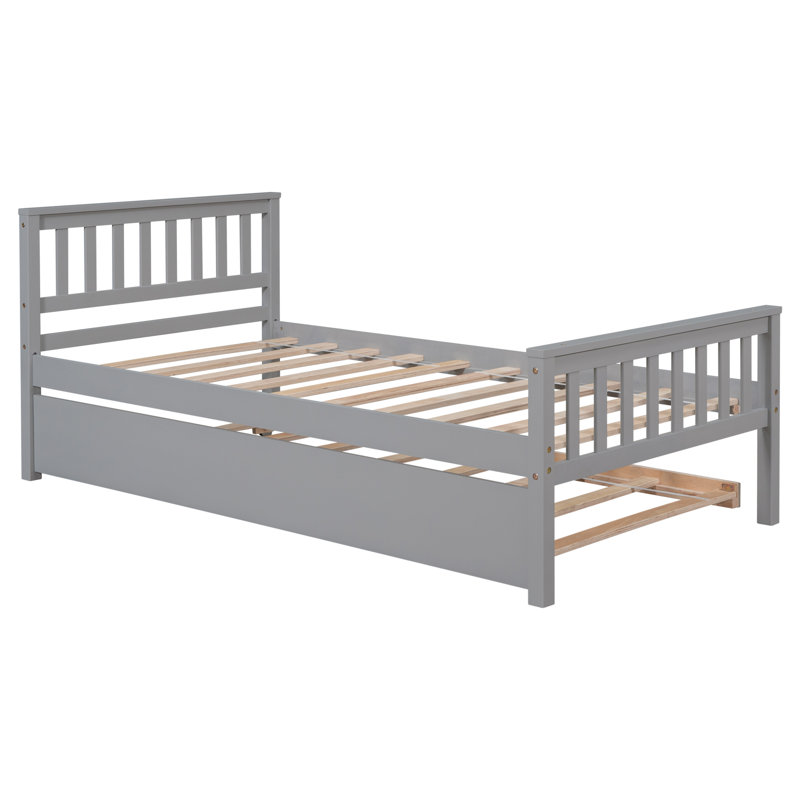 Solid Pine Bed Frame with Trundle, Platform Bed with Headboard and Footboard, No Box Spring Needed, Grey, Twin, Gray
