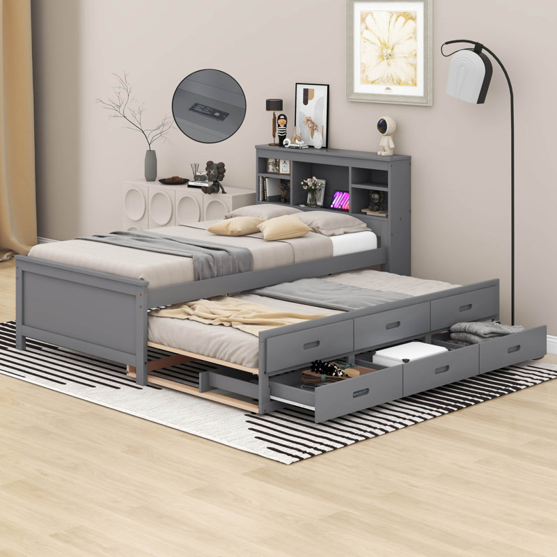 Willavene Platform Bed with Storage Headboard, USB, Twin Size Trundle and 3 Drawers, Gray, Twin