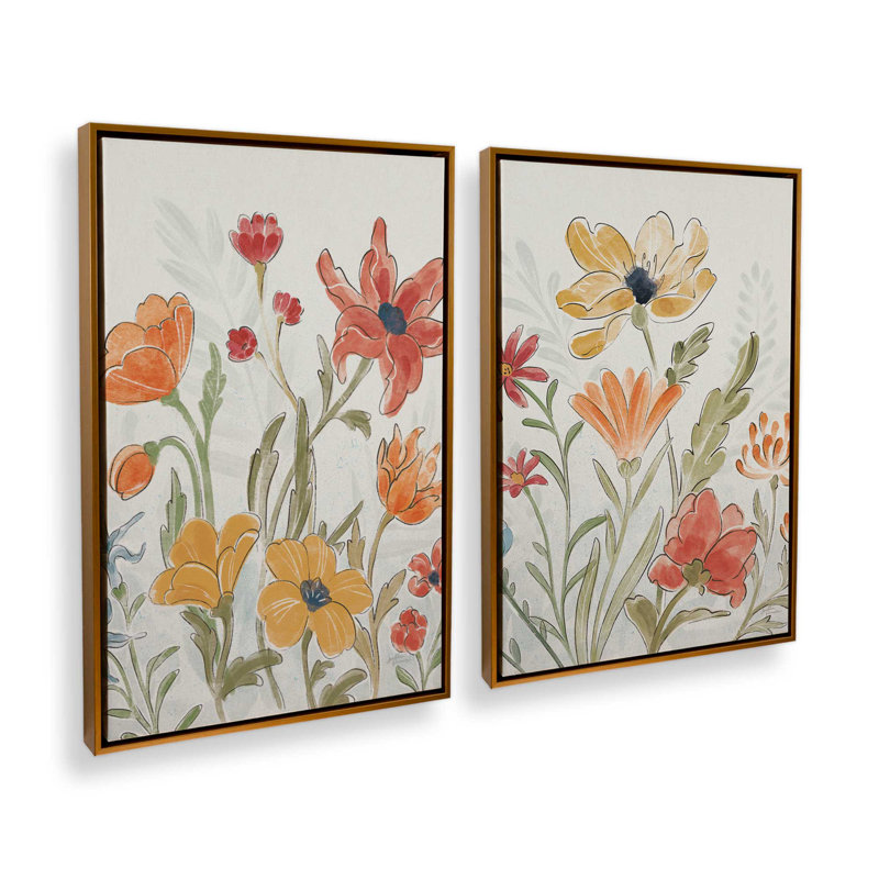 «Garden Melody in Bloom Duo», ensemble de 2 impressions sur toile, Cadre flottant doré poli, H 18,75 po x l 12,75 po