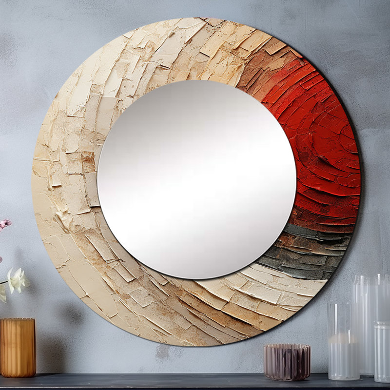 Saidas Beige Red Spiral Poteries I - Abstract Spirals Large Mirror, Modern Round Unique Wall Mirror Decor, Printed Metal Art