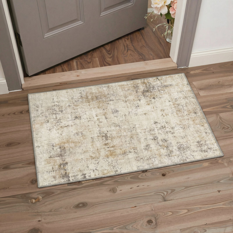 Mignone Aura Modern Distressed Abstract Machine Washable Beige / Brown / Grey Indoor Area Rug with Non-Slip Backing