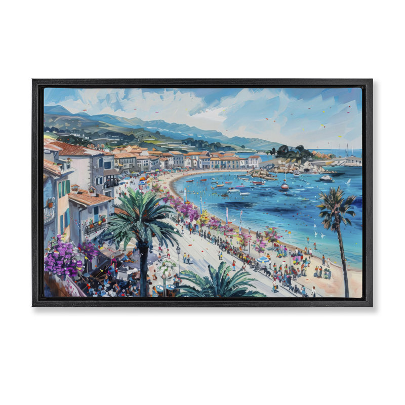 Cadre flottant Busy Summer Beach Town, design par LSR Design Studio, H 21 po x l 31 po, Cadre flottant noir de jais
