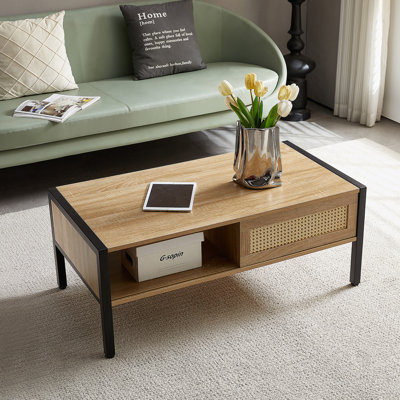 Table basse en rotin, porte coulissante pour le rangement, pieds en métal pour le salon
