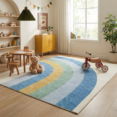 Rug Branch Skye 8' x 11' (7'7" x 10'10") Blue/Ivory Rainbow Kids Area Rug, Modern, Medium Pile, Stain-Resistant Carpet - Playroom, Nursery, Toy Room and Bedroom