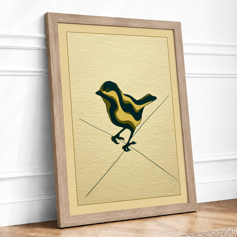Striped Bird on Lines Japandi 1 Piece Single Picture Frame Wall Art, A3 - 42.0 x 29.7 cm, Oak