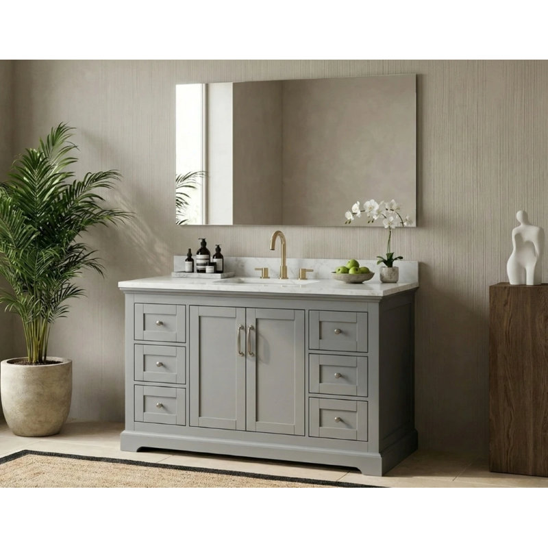 Ensemble de meuble-lavabo simple en bois massif avec rangement Maredo, miroir non inclus, Gris