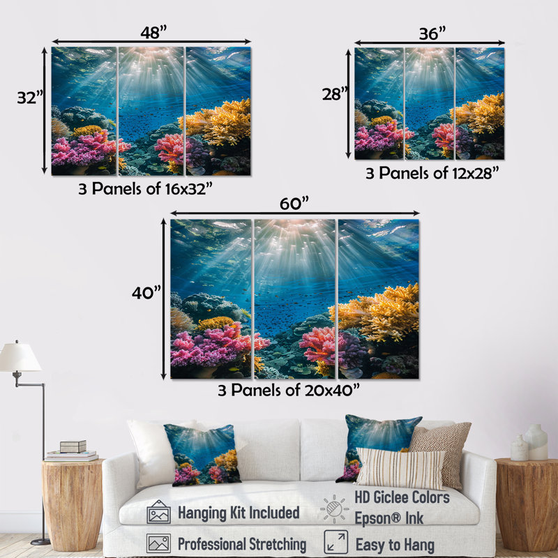 Robertsdale - Ensemble de décoration murale corail sous l'eau, Toile tendue, H 40 po x l 60 po x P 1 po