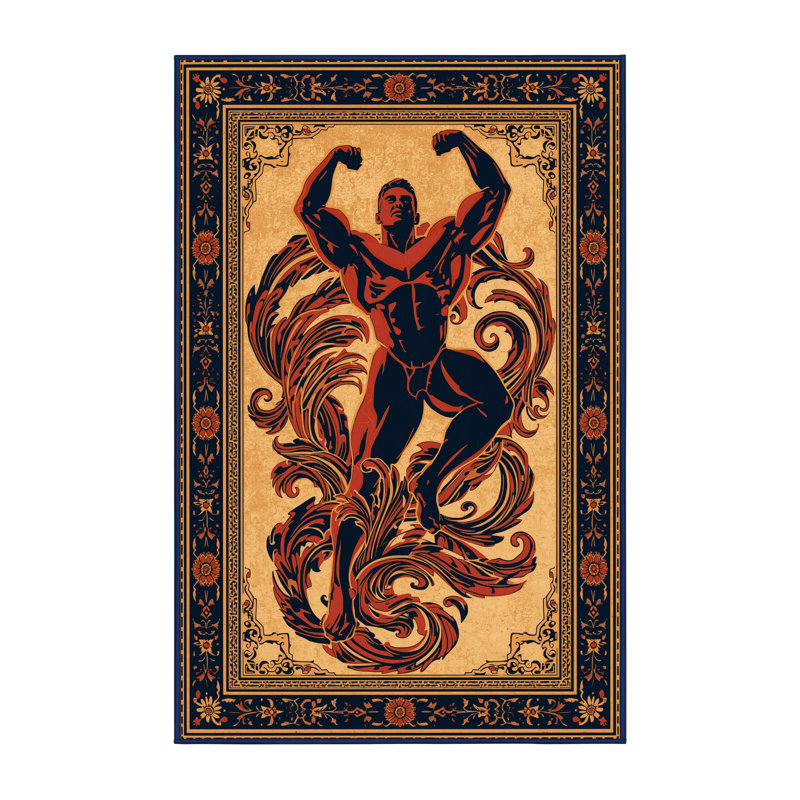 Machine Washable Sanibel Bodybuilder Pose Classic Oriental Rug in Gray – Navy Binding, 5x8