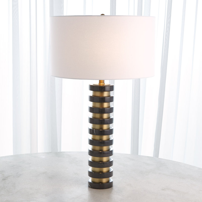 Elegant Black Marble Dual-Pull Chain Table Lamp with White Linen Shade