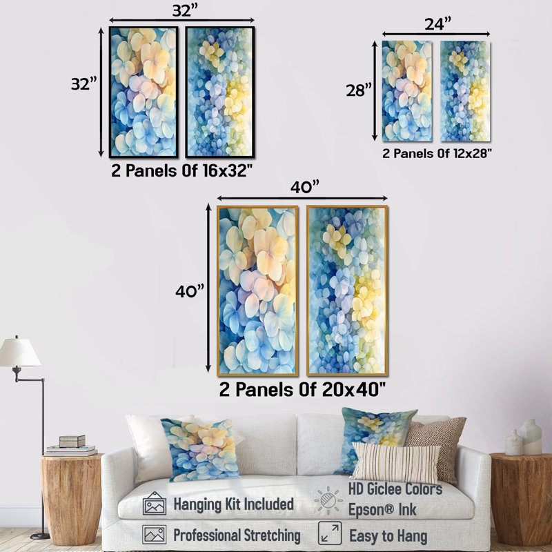 Hydrangée abstraite, horizon de simplicité I - impressions sur toile florales 2 pièces, Cadre crème crème, H 32 po x l 33 po
