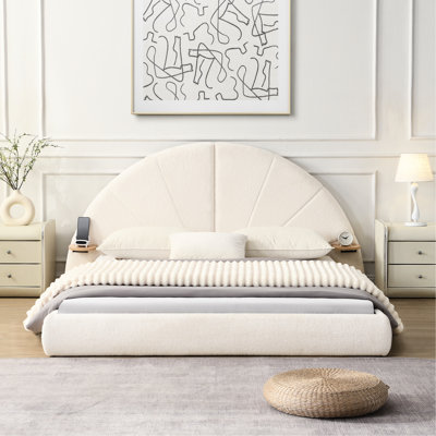 Grand lit arqué unique à grand lit Beige - Boucl, confortable et confortable, stable au sol, s'adaptant au lit simple nordique, dimensionné, avec petite table debout, convient