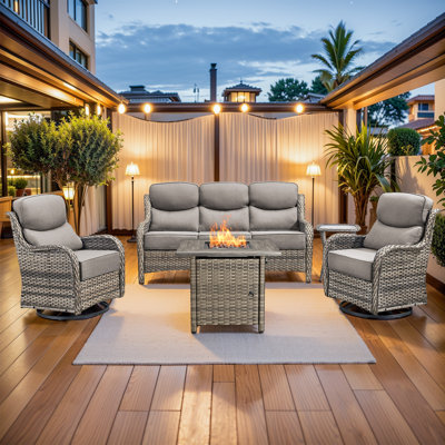 Patio Resin Wicker Furniture Set With Fire Pit Table, PE Rattan Swivel Patio Chairs With Propane Fire Pit Table, Brown Wicker 5PCS Patio Conversation Set