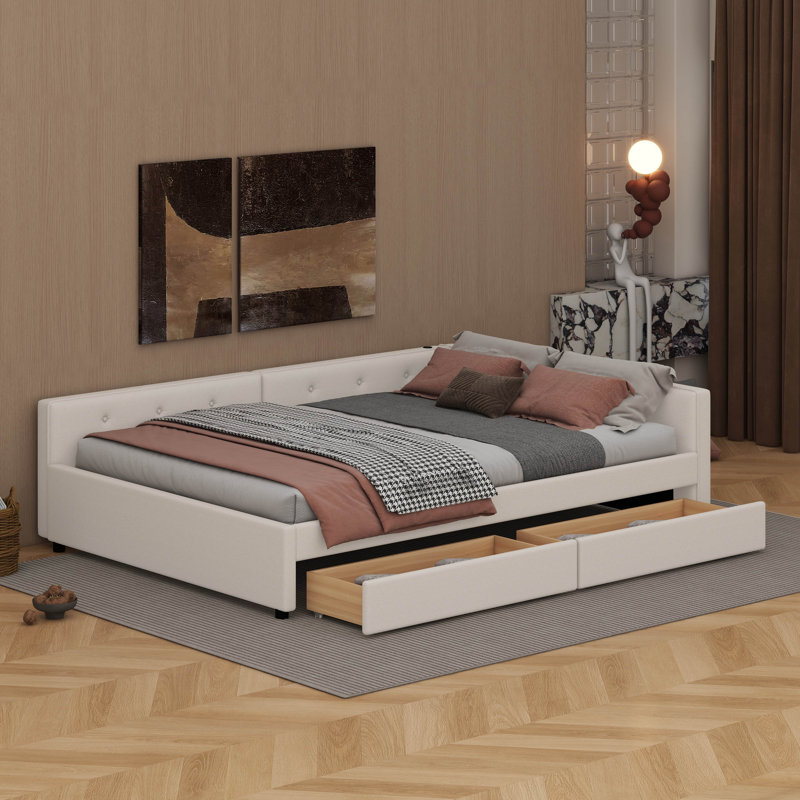 Lit plateforme tapissier avec port USB et 2 tiroirs, Double