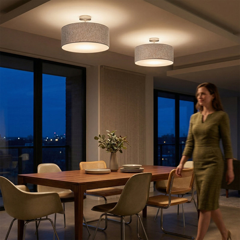 Stretch Semi Flush Mount, Cashmere Gray Linen Shade, Satin Nickel, Cashmere Gray