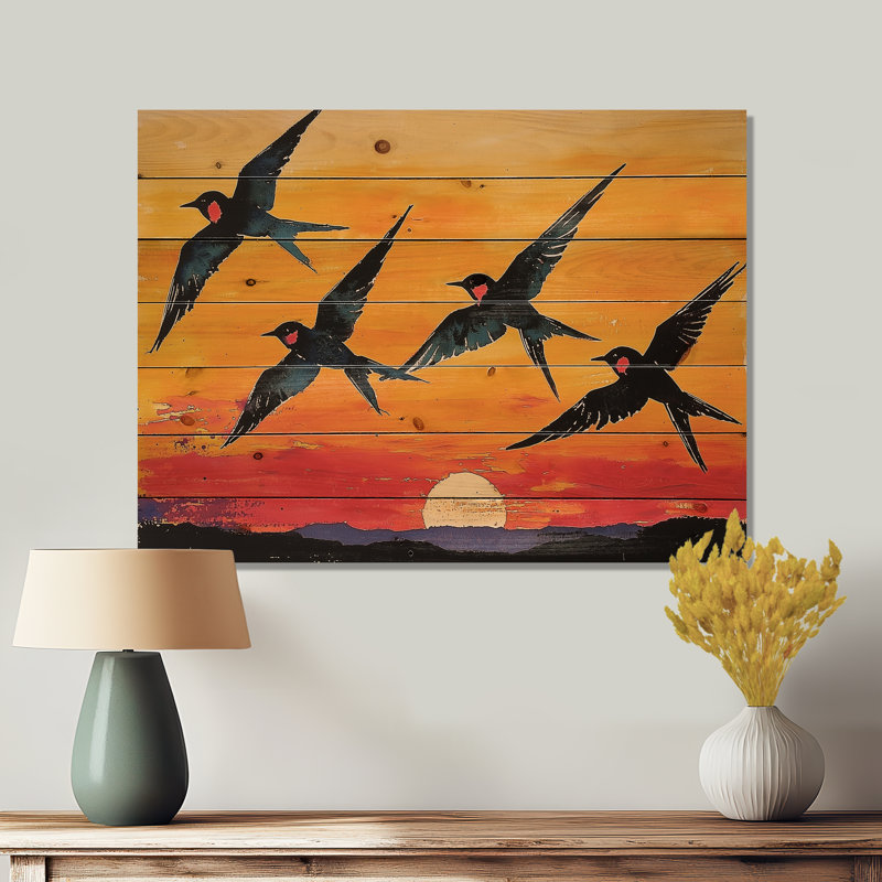 Swallows at Sunset - Décoration murale en bois d'oiseau - sur bois de pin naturel, H 10 po x l 20 po x P 0,78 po