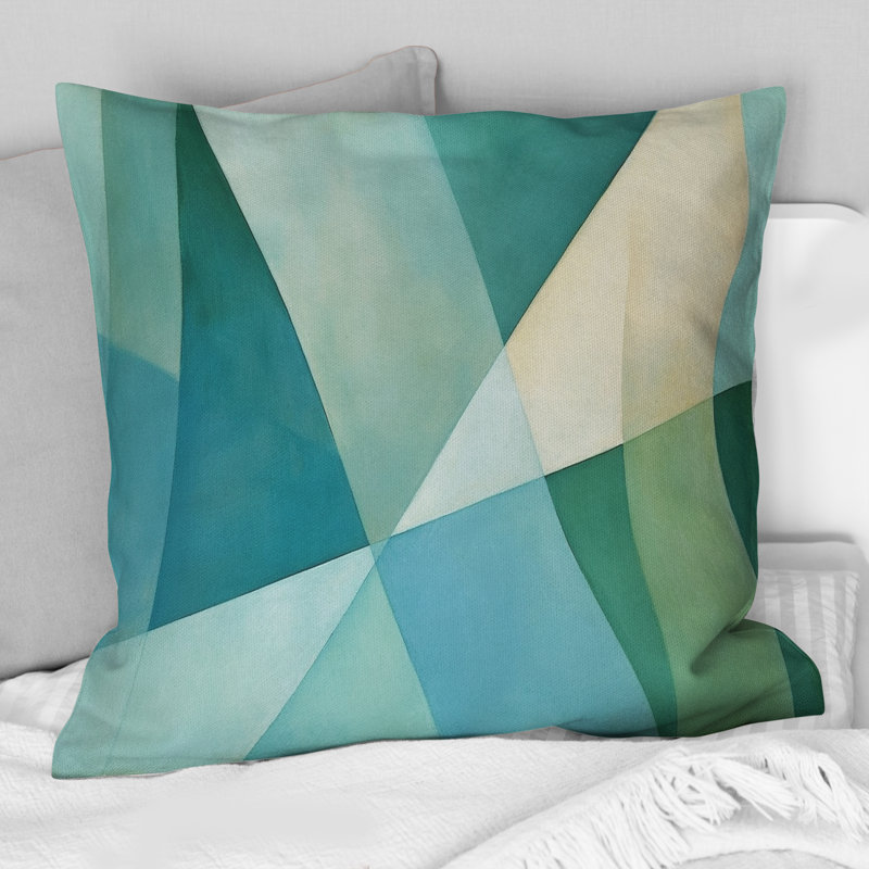 Coussin décoratif vert à motif abstrait géométrique Fusion II, Carré 16 po