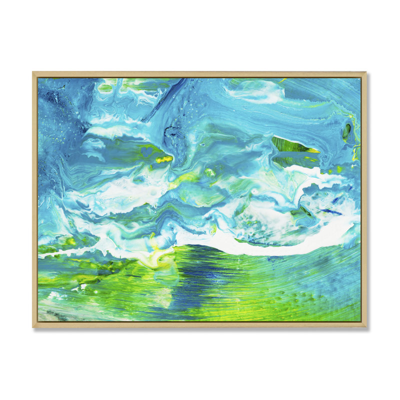 Encre bleue et verte abstraite - peinture sur toile, H 12 po x l 20 po, Cadre flottant en érable