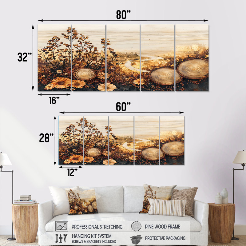 Irah - art mural fleurs sauvages - décoration murale traditionnelle 5 pièces, H 32 po x l 80 po