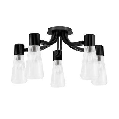 Akins 5 Light Semi-Flush Shown In Matte Black Finish With 4" Clear Ribbed Glass