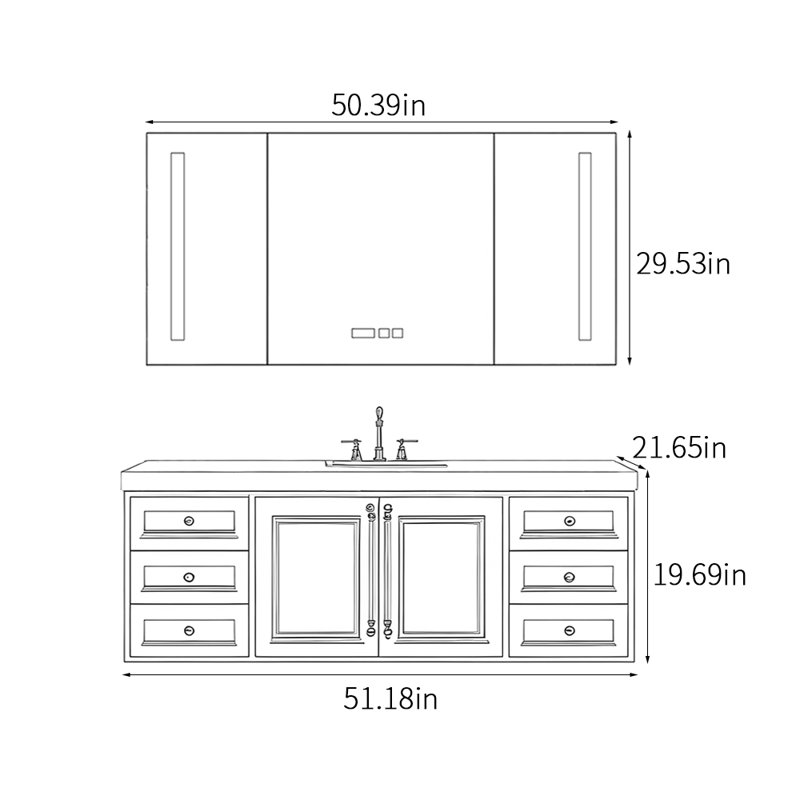 American light luxury retro style bathroom cabinet, H 19,69 po x l 51,18 po x P 21,65 po, Noir