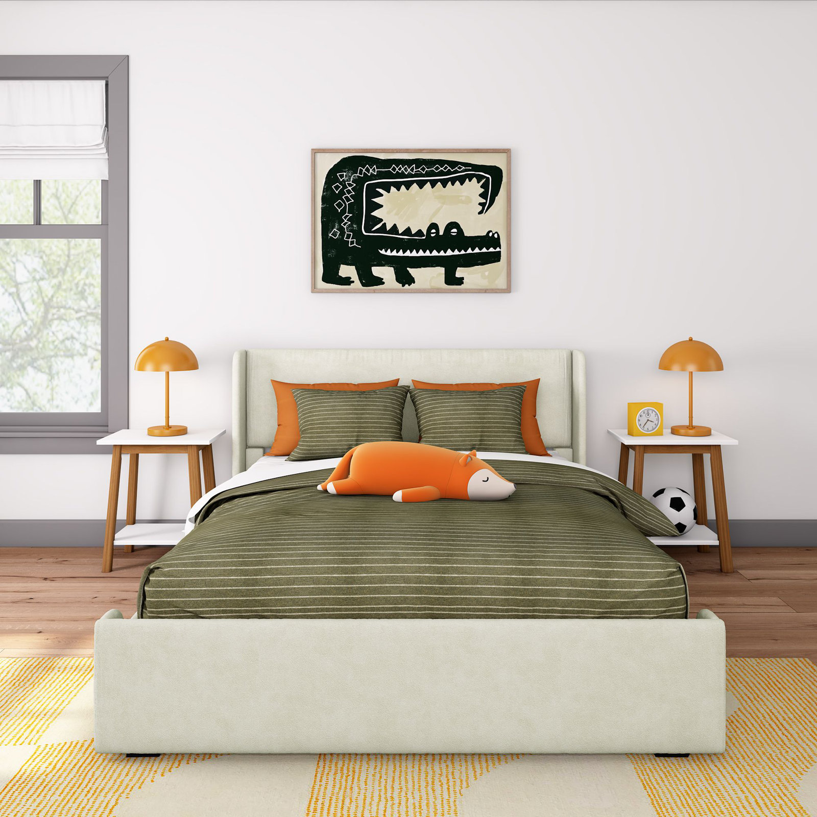 Solid Wood Upholstered Panel Bed, Cream, Queen